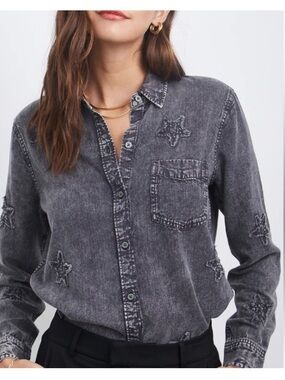 Rails Ingrid Long Sleeve Button Down Top Size XS Black Acid Wash Stars